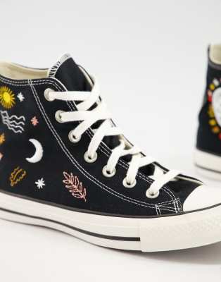converse chuck taylor all star hi embroidery black & white skate shoes