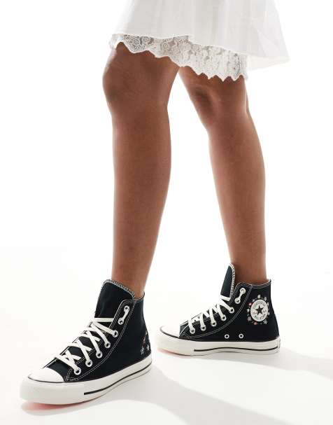 Converse - Chuck Taylor All Star Hi - Sneakers nere con fiori ricamati - view 1
