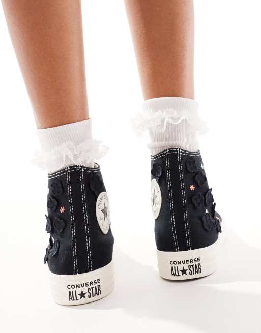 Converse Chuck Taylor - All Star Hi - Sorte sneakers med chunky snørrebånd og organzablomster, 5 af 5
