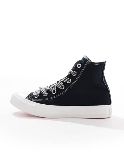 Converse Chuck Taylor All Star Hi trainers in black with gingham laces, 2 of 5