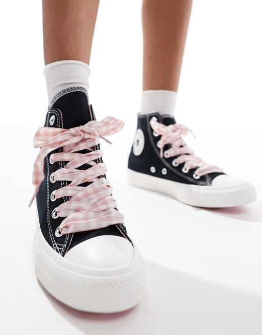 Converse Chuck Taylor All Star Hi trainers in black with gingham laces, 5 of 5