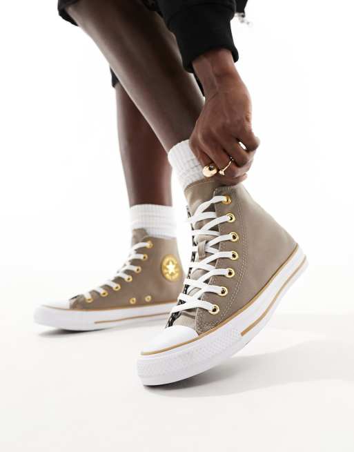 Converse Chuck Taylor All Star Hi twill trainers with gold details in brown ASOS