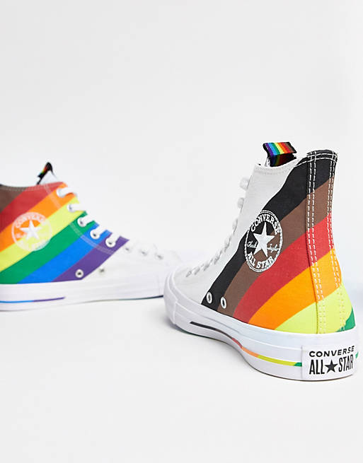 Coordinate blackboard log Converse chuck taylor all star hi white and rainbow trainers | ASOS