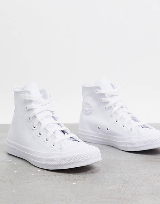 Converse Chuck Taylor All Star Hi white leather monochrome trainers | ASOS