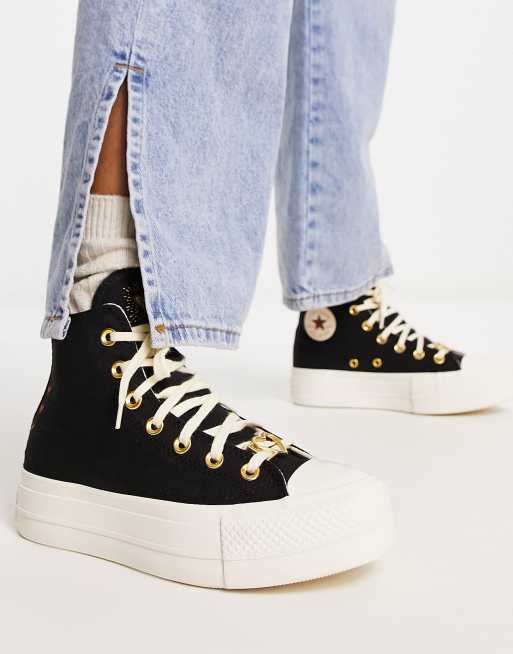 Converse - Chuck Taylor All Star Lift - Baskets montantes à semelle plateforme avec cœurs brodés - Noir, 2 de 4