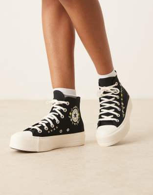 Converse - Chuck Taylor All Star Lift Hi - Baskets à broderies fleuries - Noir