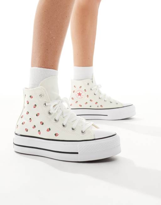 Converse Chuck Taylor - All Star Lift Hi - Cremehvide sneakers med broderede jordbær