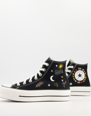 Converse Chuck Taylor All Star Lift Hi 'it's Ok To Wander' Embroidered Sneakers In Black In Black