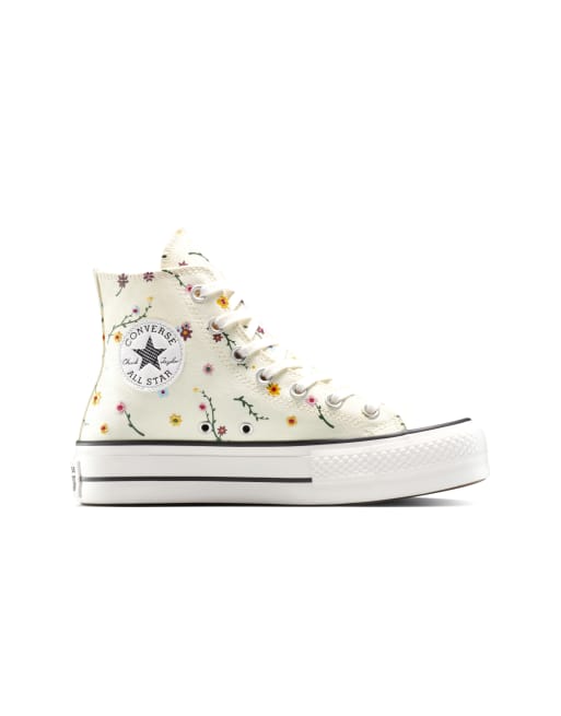 Converse – Chuck Taylor All Star Lift Hi – Plateau-Sneaker in Creme mit Blumenstickereien
