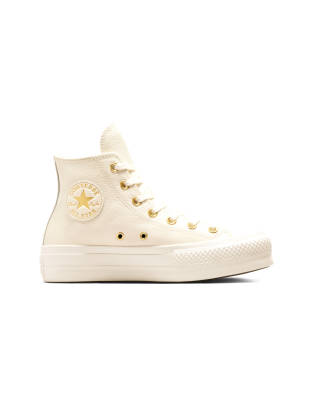 Converse - Chuck Taylor All Star Lift Hi - Plateau-Sneaker in Creme mit goldfarbenen Metallakzenten-Braun