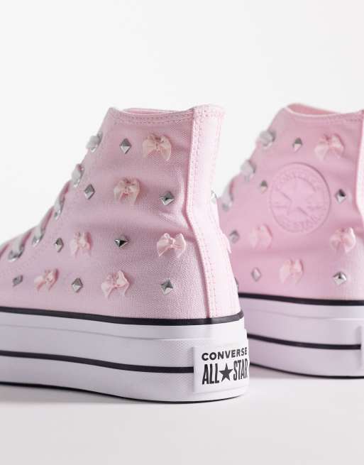 Converse Chuck Taylor All Star Lift Hi platform sneakers with bow and stud detailing in pink, 2 of 5