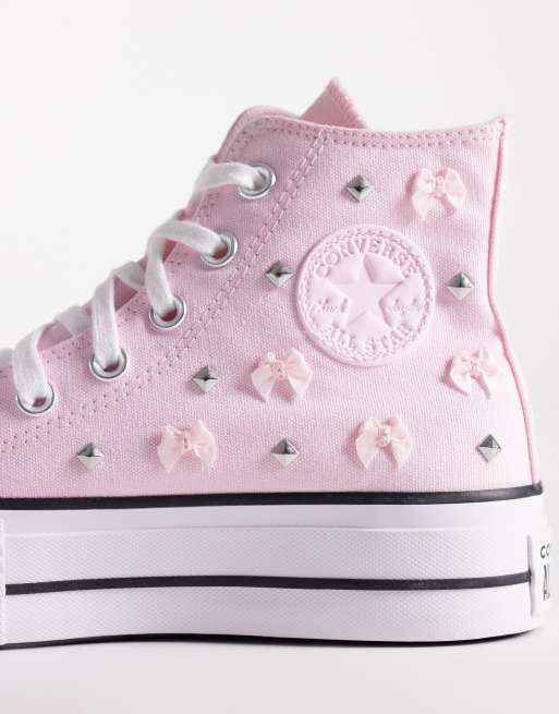 Converse Chuck Taylor All Star Lift Hi platform sneakers with bow and stud detailing in pink, 4 of 5