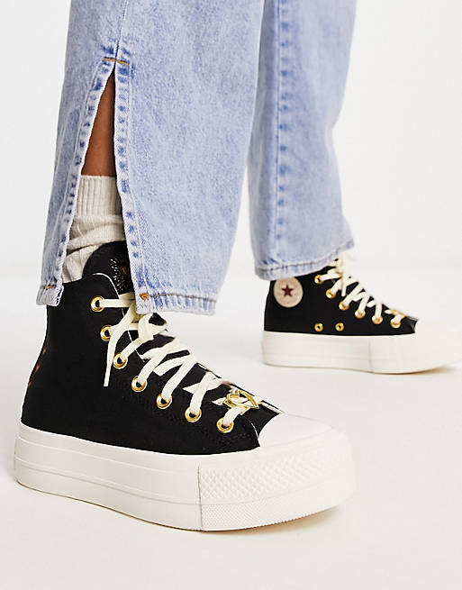Converse Chuck Taylor All Star Lift Hi platform sneakers with heart  embroidery in black | ASOS