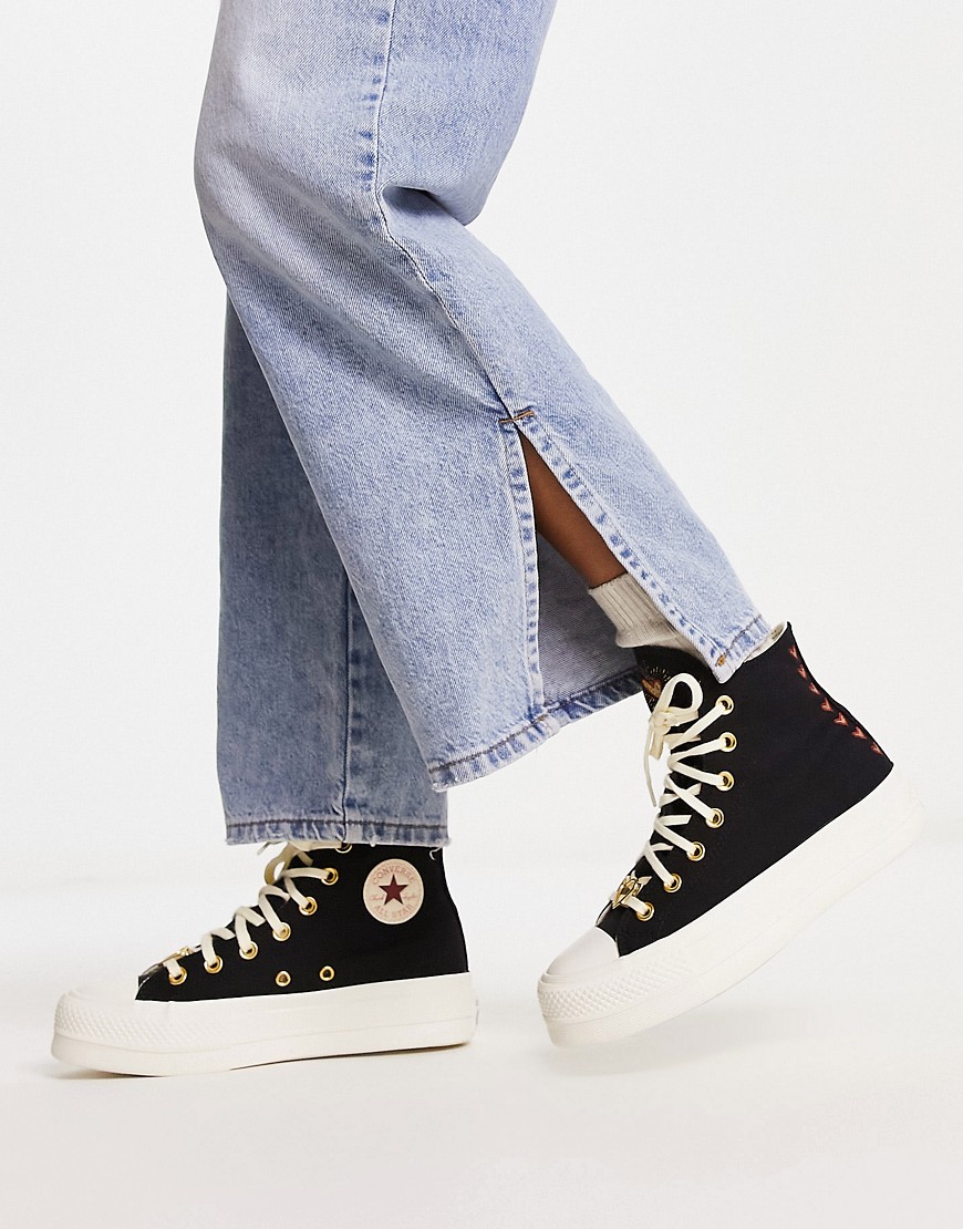 Converse Chuck Taylor All Star Lift Hi platform trainers with heart embroidery in black - BLACK
