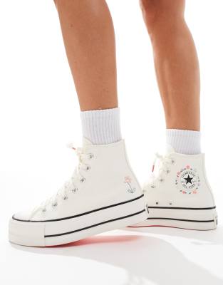 Converse - Chuck Taylor All Star Lift Hi - Sneaker in Weiß mit Blumen-Stickerei