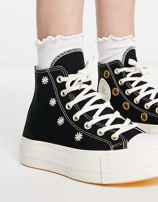 Converse - Chuck Taylor All Star Lift Hi - Sneakers alte nere con ricami floreali, 2 di 4