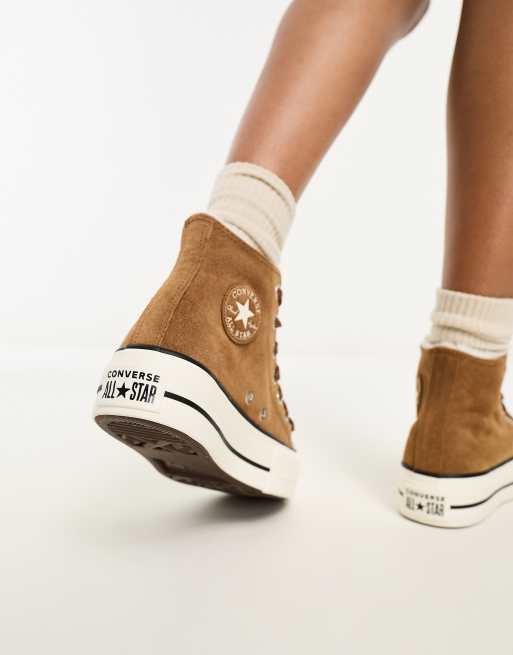 Converse Chuck Taylor All Star Lift Hi Sneakers alte scamosciate marrone castagna con interno in pelliccia sintetica crema