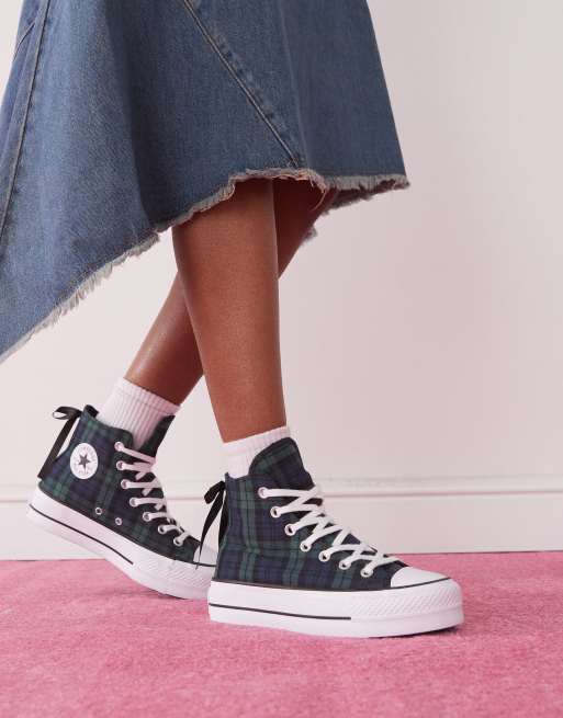 Converse Chuck Taylor All Star Lift Hi sneakers with bow trim in navy plaid print, 2 of 5