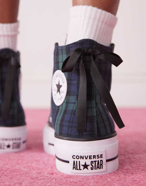 Converse Chuck Taylor All Star Lift Hi sneakers with bow trim in navy plaid print, 3 of 5