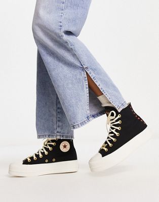 Converse Chuck Taylor All Star Lift Hi sneakers with heart embroidery in black - ASOS Price Checker