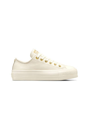 Converse - Chuck Taylor All Star Lift Ox - Plateau-Sneaker in Creme mit goldfarbenen Metallakzenten-Braun
