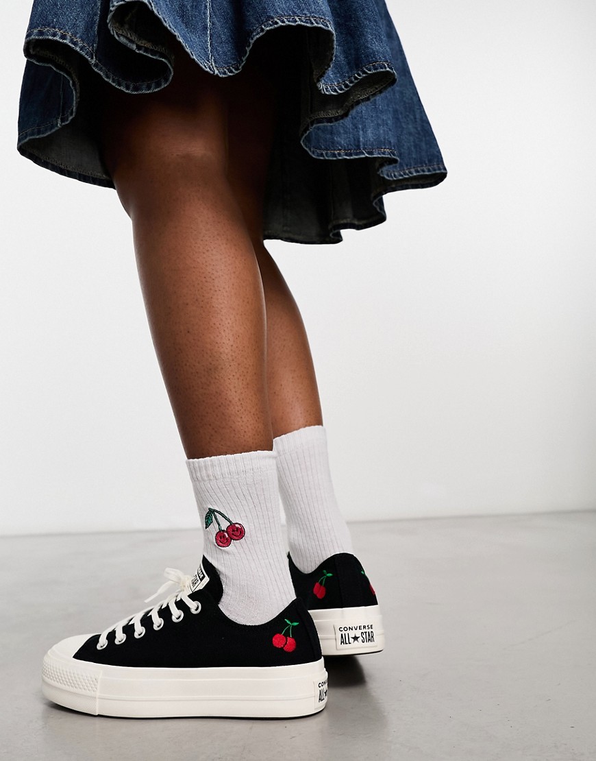 Converse Chuck Taylor All Star Lift Ox Platform Sneakers With Cherry Embroidery In Black