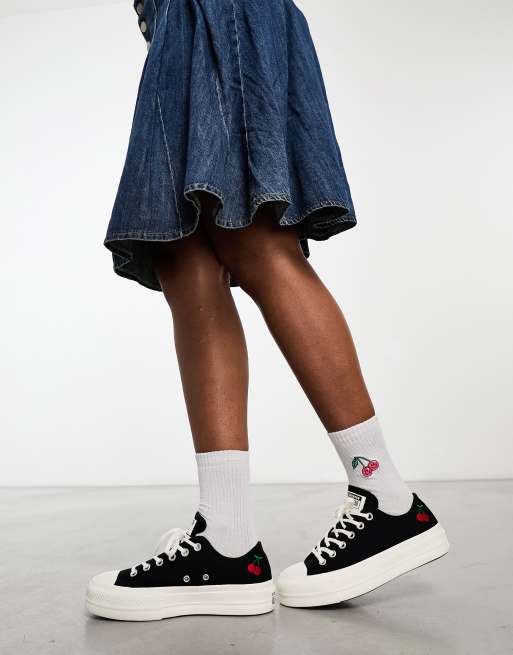 Converse Chuck Taylor All Star Lift Ox Platform sneakers with cherry embroidery in black