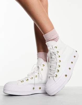 Shop Converse Chuck Taylor All Star Lift Star Studded Platform Sneakers In White And Gold