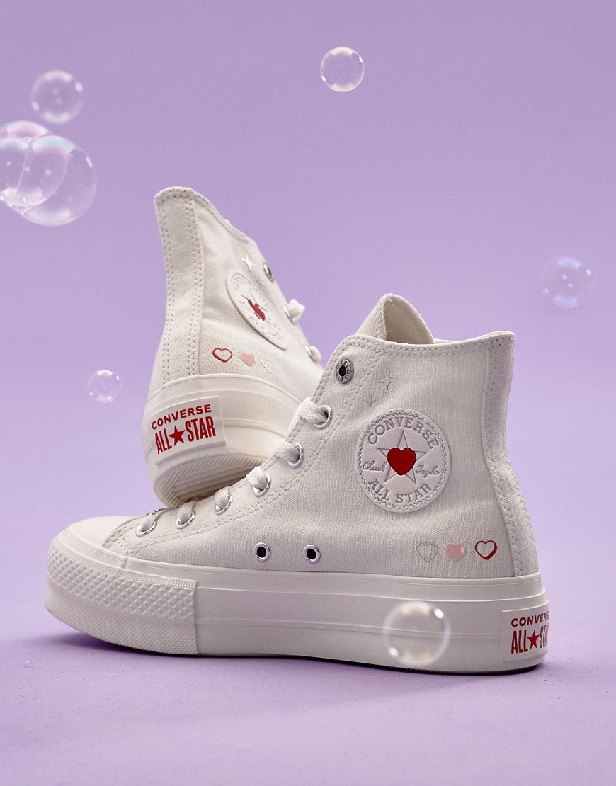 Converse Chuck Taylor All Star Lift Valentine Sneakers With Heart Embroidery In Cream-white