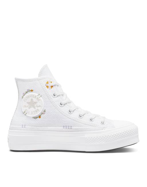 Converse – Chuck Taylor All Star Lift – Vita sneakers med platåsula och blommigt broderi