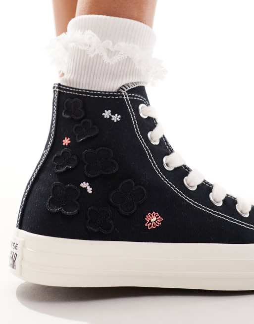 Converse Chuck Taylor All Star organza flower trainers with chunky laces in  black