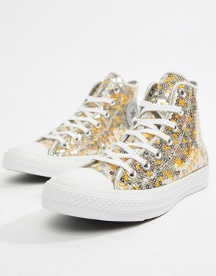 Converse - Chuck Taylor All Star - Sneakers alte con paillettes argento e  oro | ASOS