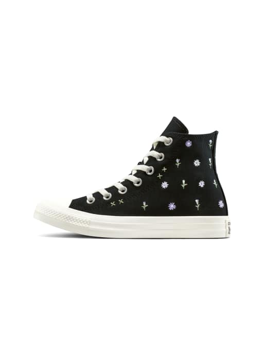 Converse Chuck taylor all star trainers with embroidered flowers in black/egret/foothill green, 3 of 4