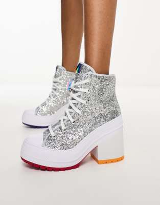 Converse Chuck Taylor All Star Uplift pride heeled trainers in silver glitter ASOS