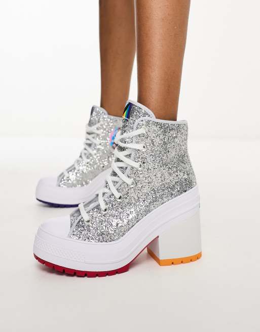 Converse Chuck Taylor All Star Uplift pride heeled trainers in silver ...