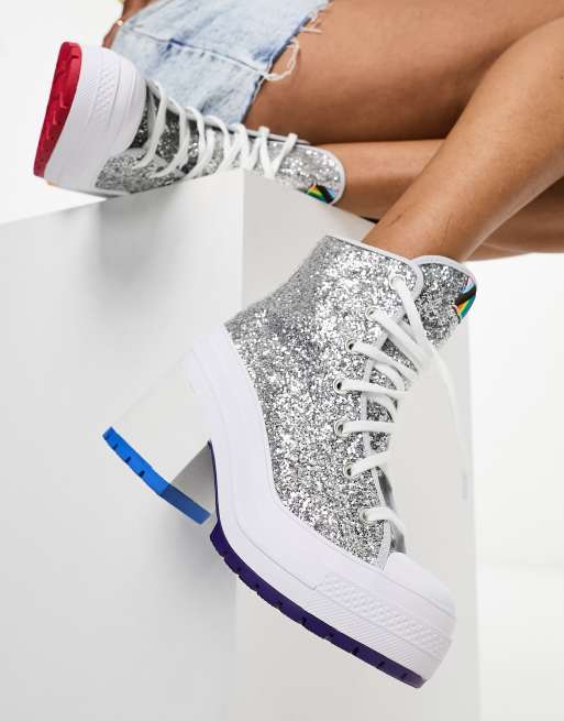 - Chuck Taylor All Star - Sølvfarvede højhælede sneakers med glimmer | ASOS