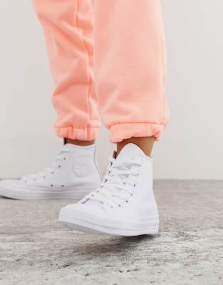 white converse high tops on feet