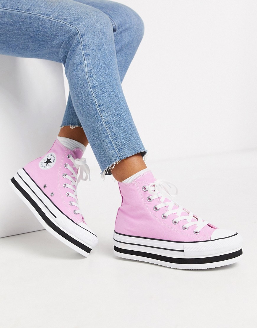 Converse – Chuck Taylor Hi – Rosa sneakers med staplad flatform-sula