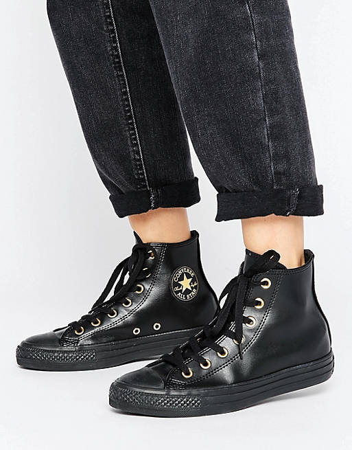 Converse Chuck Taylor Hi Top Trainers In Black With Gold Eyelets | ASOS