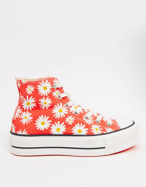 Converse – Chuck Taylor – Knöchelhohe Sneaker in Rot mit Gänseblümchen-Print und flacher Plateausohle, 4 von 4