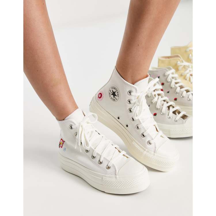 Converse Chuck Taylor Lift Baskets montantes plateforme avec broderie fleur Blanc cass