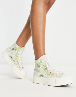 Converse Chuck Taylor Lift Hi abstract floral platform trainers with grey and green