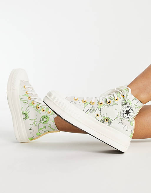 Converse Chuck Taylor Lift Hi abstract floral platform trainers with grey  and green | ASOS