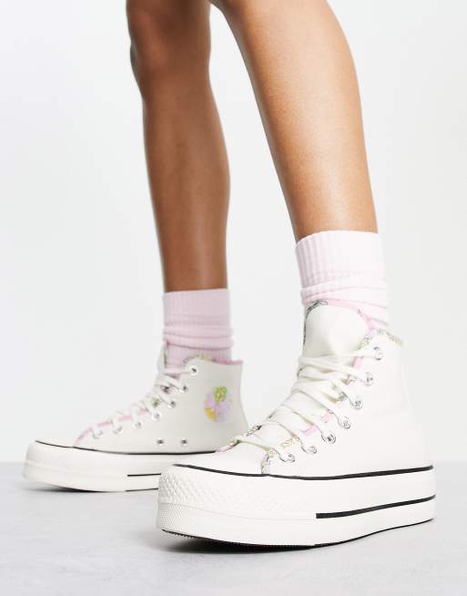 Converse – Chuck Taylor Lift Hi – Buty sportowe na platformie w kolorze złamanej bieli z kwiatowym detalem