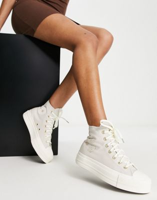 Converse Chuck Taylor Lift Hi gold detail platform trainers in light grey - ASOS Price Checker