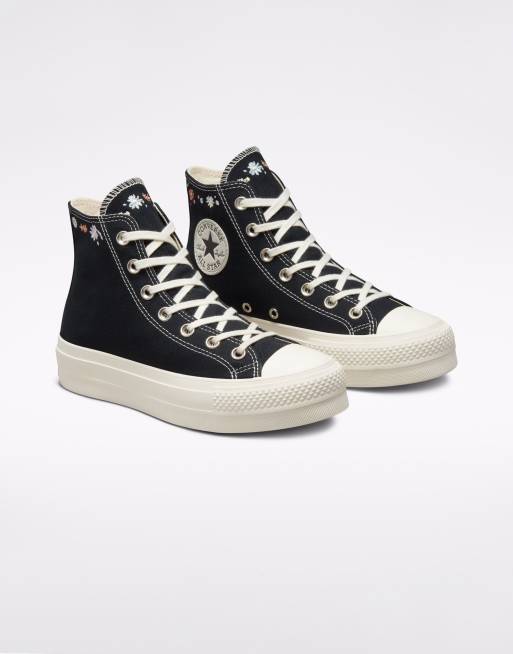 Converse Chuck Taylor Lift Hi Things to Grow platform trainers with floral embroidery detail in black