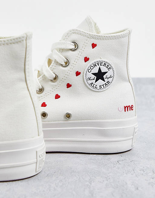 Converse Chuck Taylor Lift Hi Valentines platform trainers in white with  heart embroidery | ASOS