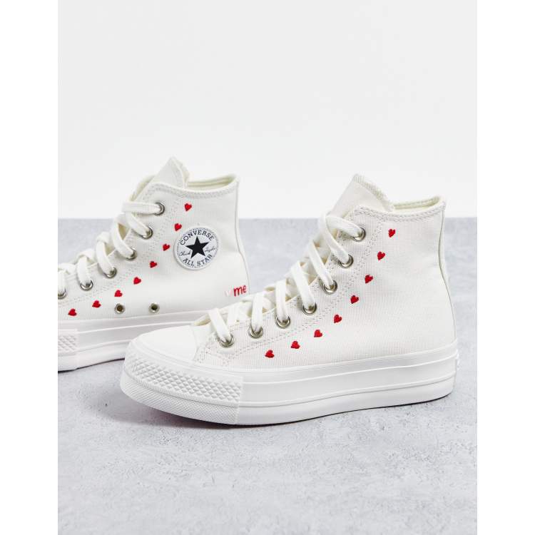 Converse Chuck Taylor Lift Hi Valentines Sneakers con suola platform bianche con ricamo di cuori