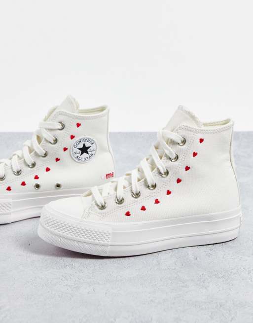 Converse Chuck Taylor Lift Hi Valentines Sneakers con suola platform bianche con ricamo di cuori