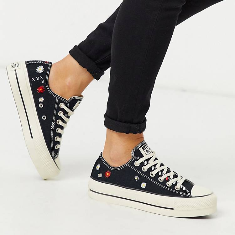 Converse Chuck Taylor Lift Platform black Embroidered floral sneakers | ASOS